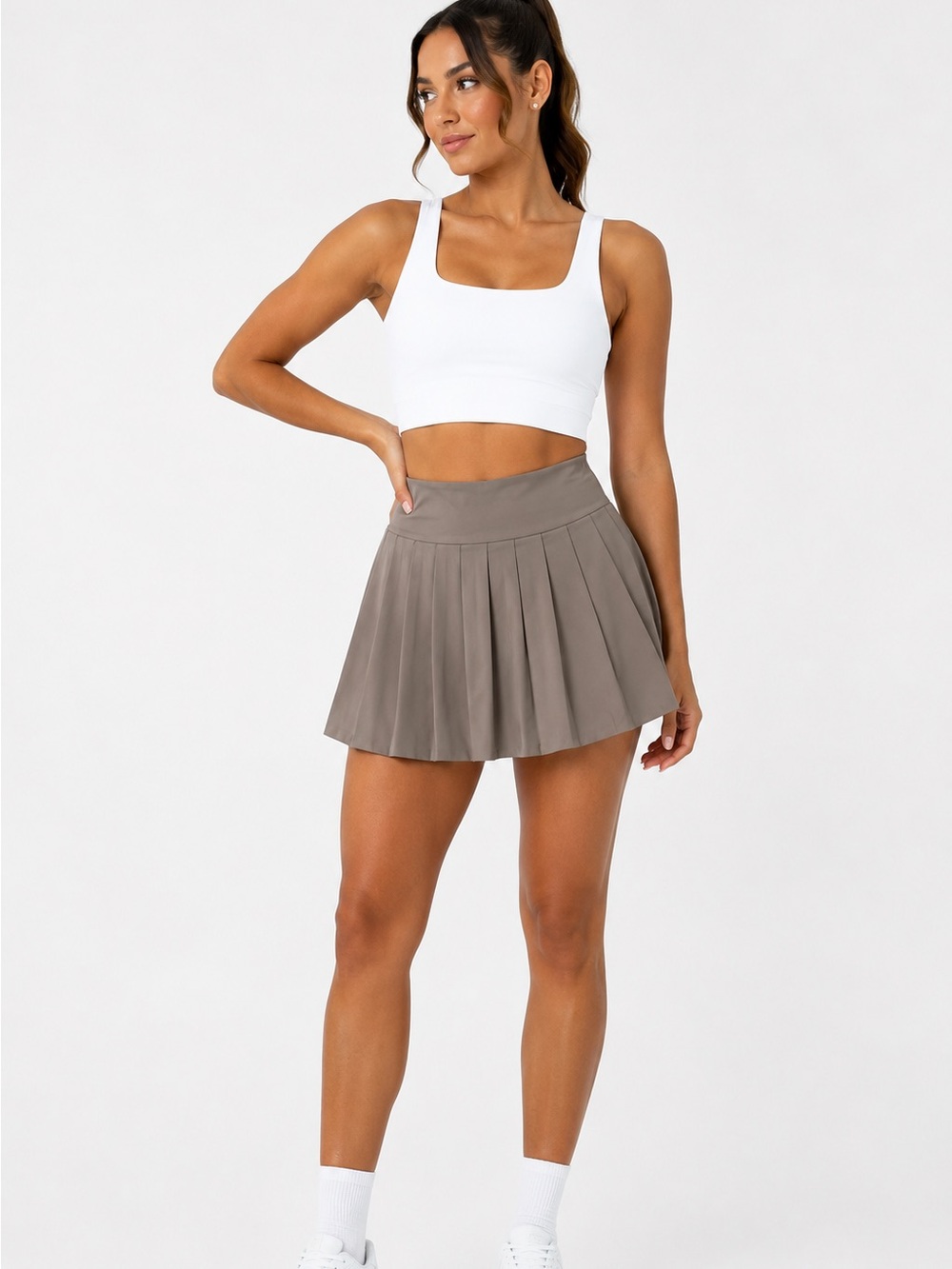 High-Waist Pleated Mini Skirt in Taupe - Women's Skirt